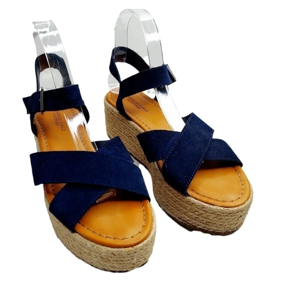 American Eagle Women's Size 9 Espadrille Sandal Platform Strappy Navy Suede EUC - Picture 6 of 13